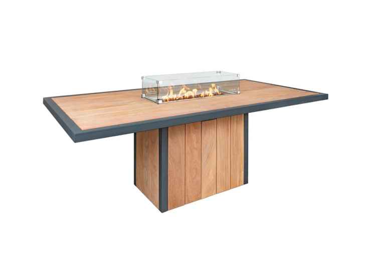 Vuurtafel hout staal met glas en vuur min