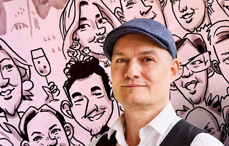 Karikaturer af mennesker og deres hunde